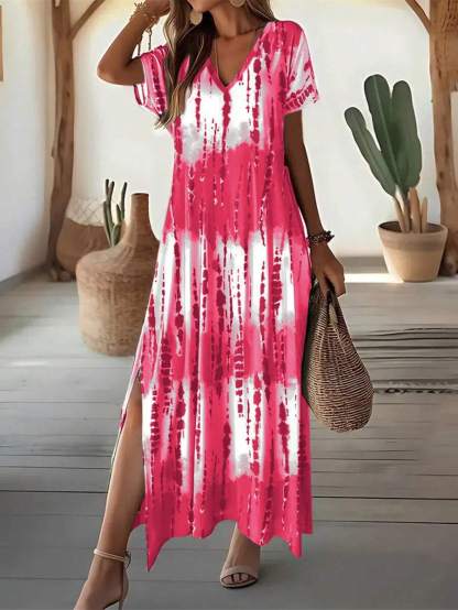 EMERY ROSE Summer New Casual Women's V-Neck Short Sleeve Loose Tie-Dye Print Split Dress
