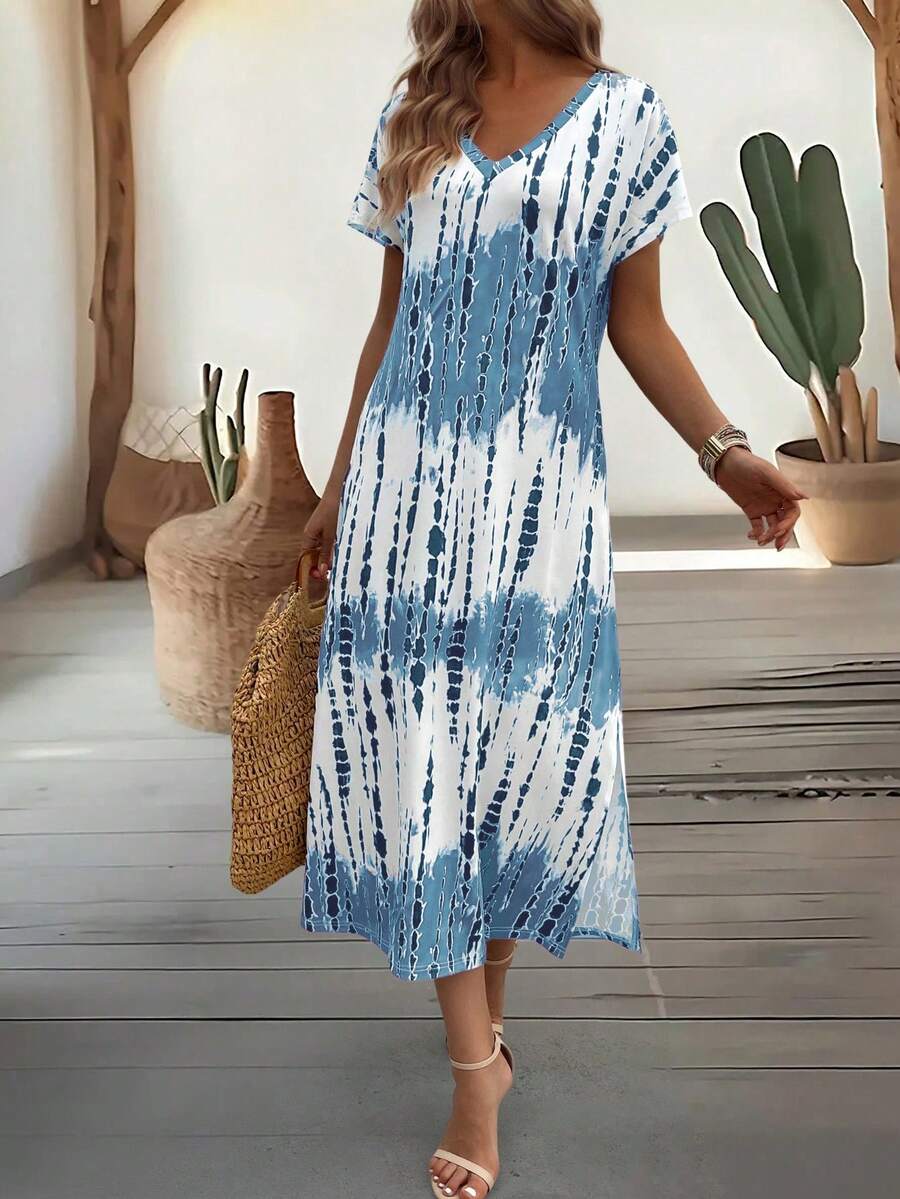 EMERY ROSE Summer New Casual Women's V-Neck Short Sleeve Loose Tie-Dye Print Split Dress