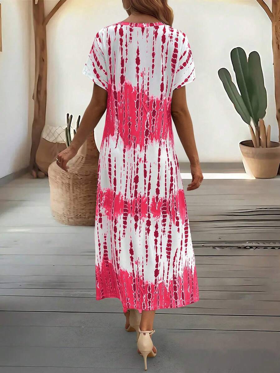 EMERY ROSE Summer New Casual Women's V-Neck Short Sleeve Loose Tie-Dye Print Split Dress
