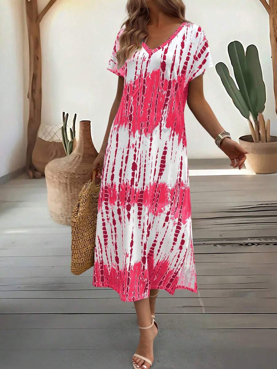 EMERY ROSE Summer New Casual Women's V-Neck Short Sleeve Loose Tie-Dye Print Split Dress