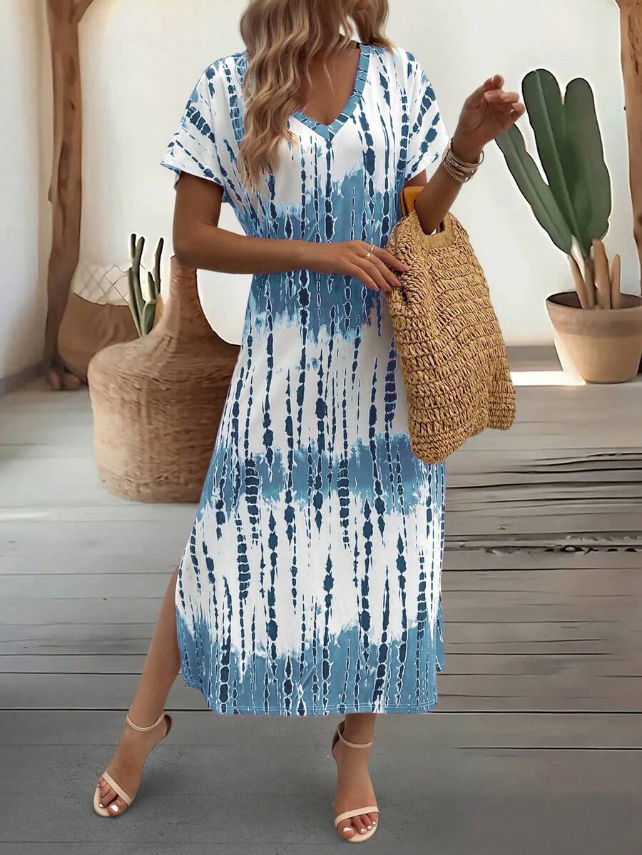 EMERY ROSE Summer New Casual Women's V-Neck Short Sleeve Loose Tie-Dye Print Split Dress