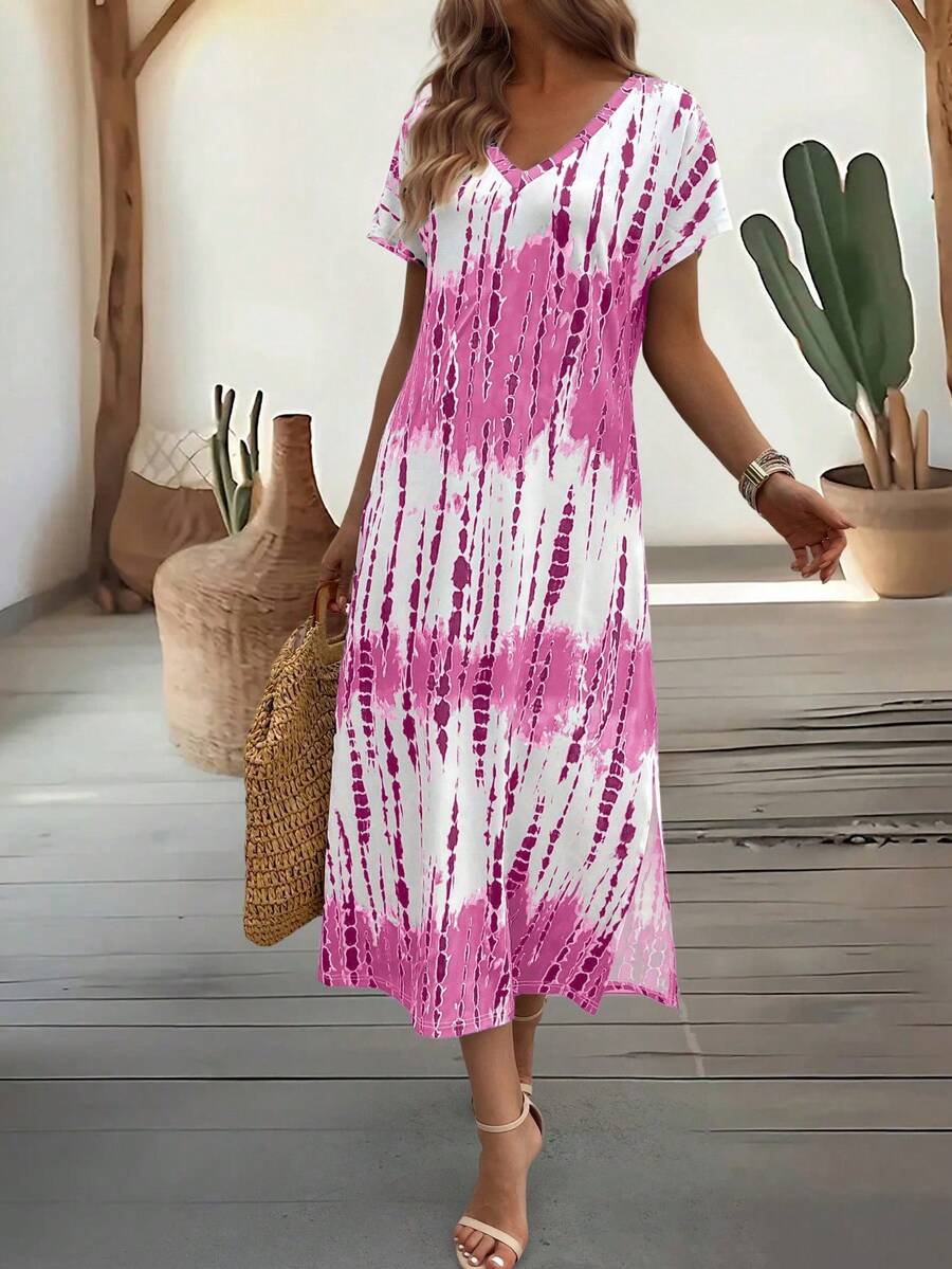 EMERY ROSE Summer New Casual Women's V-Neck Short Sleeve Loose Tie-Dye Print Split Dress