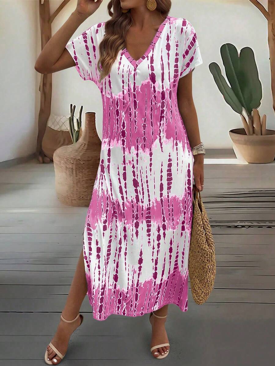 EMERY ROSE Summer New Casual Women's V-Neck Short Sleeve Loose Tie-Dye Print Split Dress