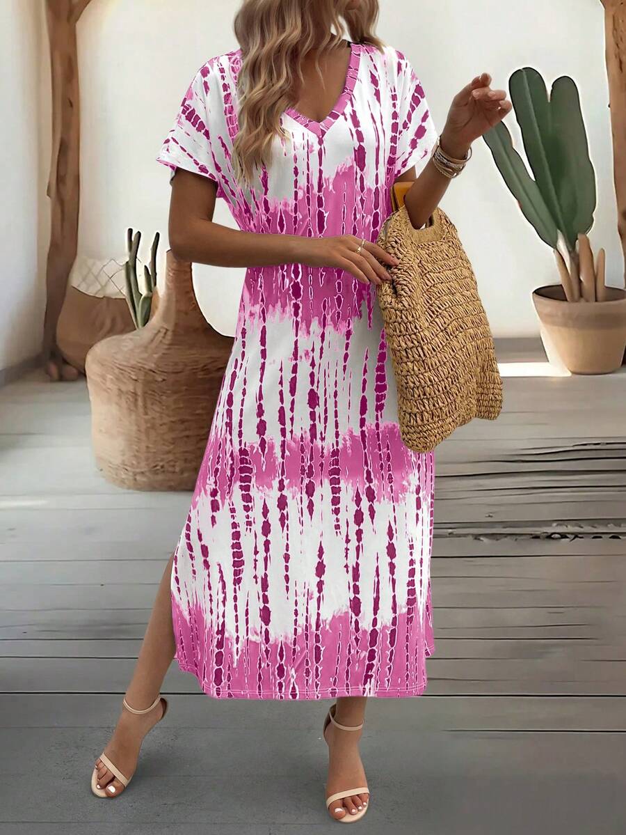 EMERY ROSE Summer New Casual Women's V-Neck Short Sleeve Loose Tie-Dye Print Split Dress