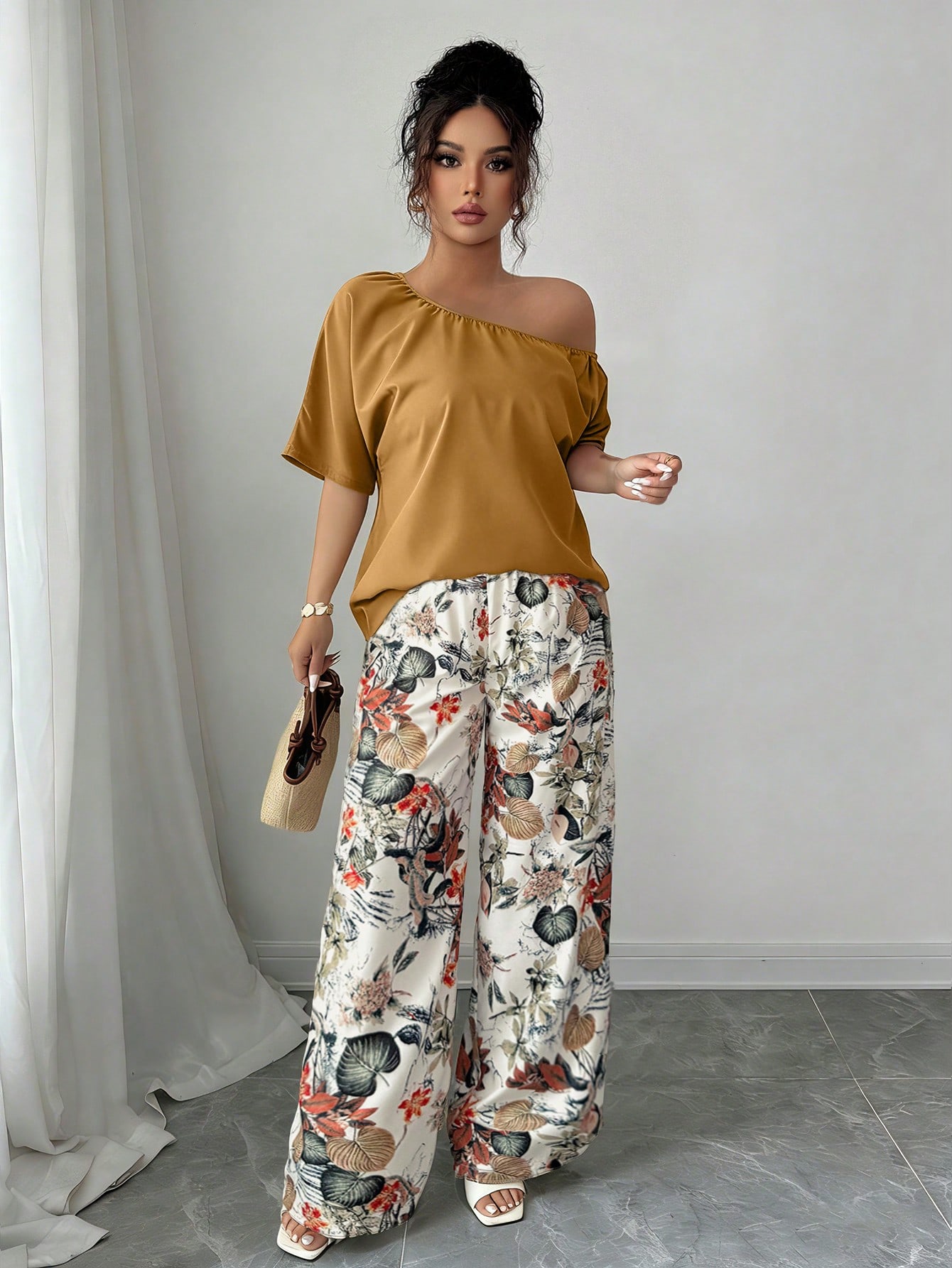 Women Summer Casual Solid Color Asymmetrical Shoulder Top And Floral Print Pants Set