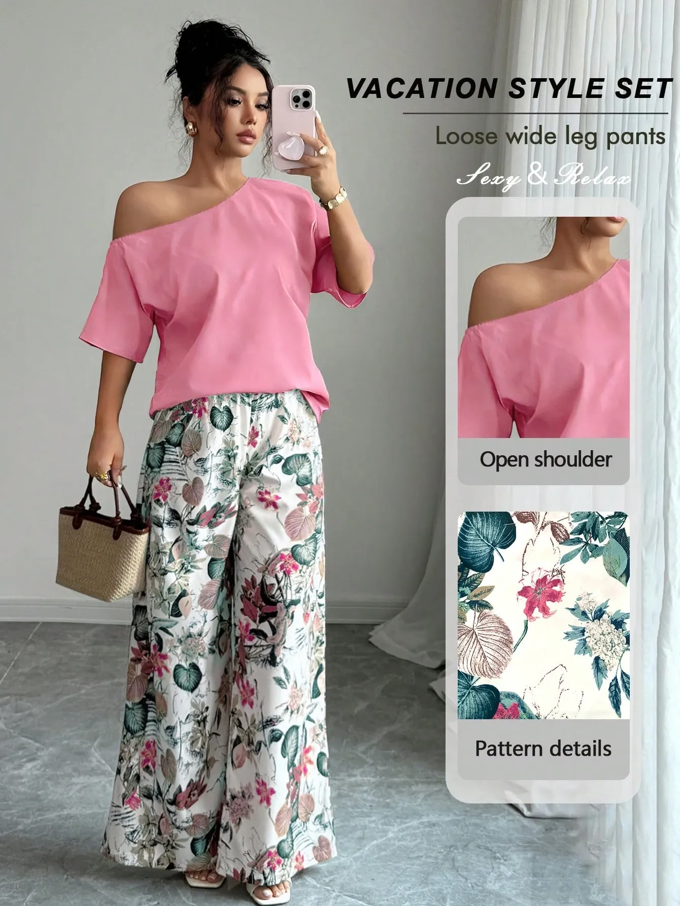 Women Summer Casual Solid Color Asymmetrical Shoulder Top And Floral Print Pants Set