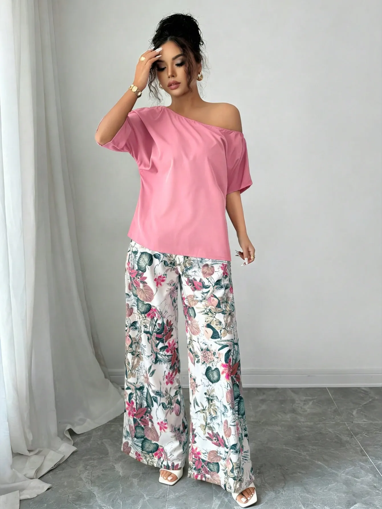 Women Summer Casual Solid Color Asymmetrical Shoulder Top And Floral Print Pants Set