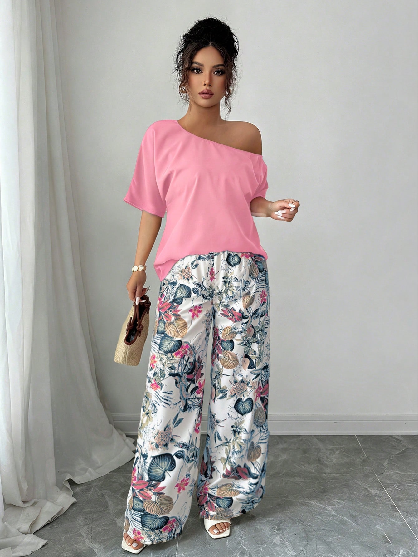 Women Summer Casual Solid Color Asymmetrical Shoulder Top And Floral Print Pants Set