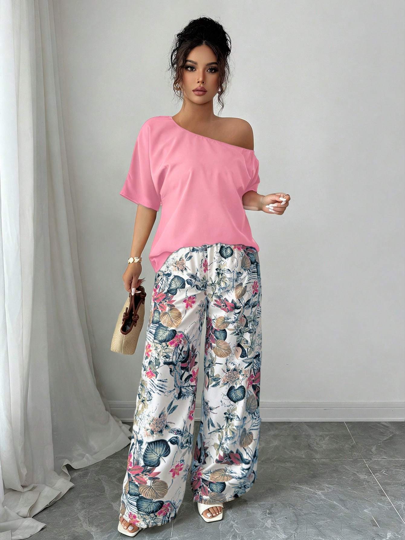 Women Summer Casual Solid Color Asymmetrical Shoulder Top And Floral Print Pants Set