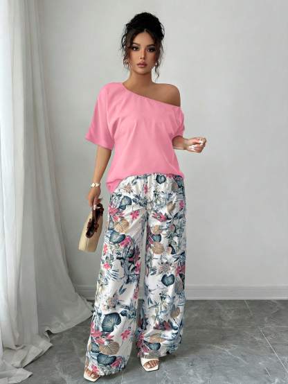 Women Summer Casual Solid Color Asymmetrical Shoulder Top And Floral Print Pants Set