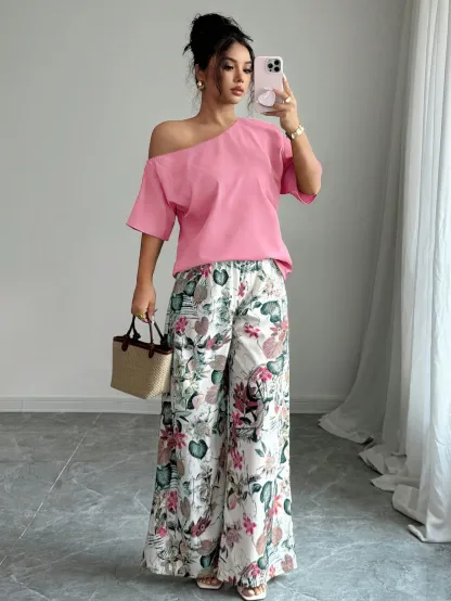 Women Summer Casual Solid Color Asymmetrical Shoulder Top And Floral Print Pants Set