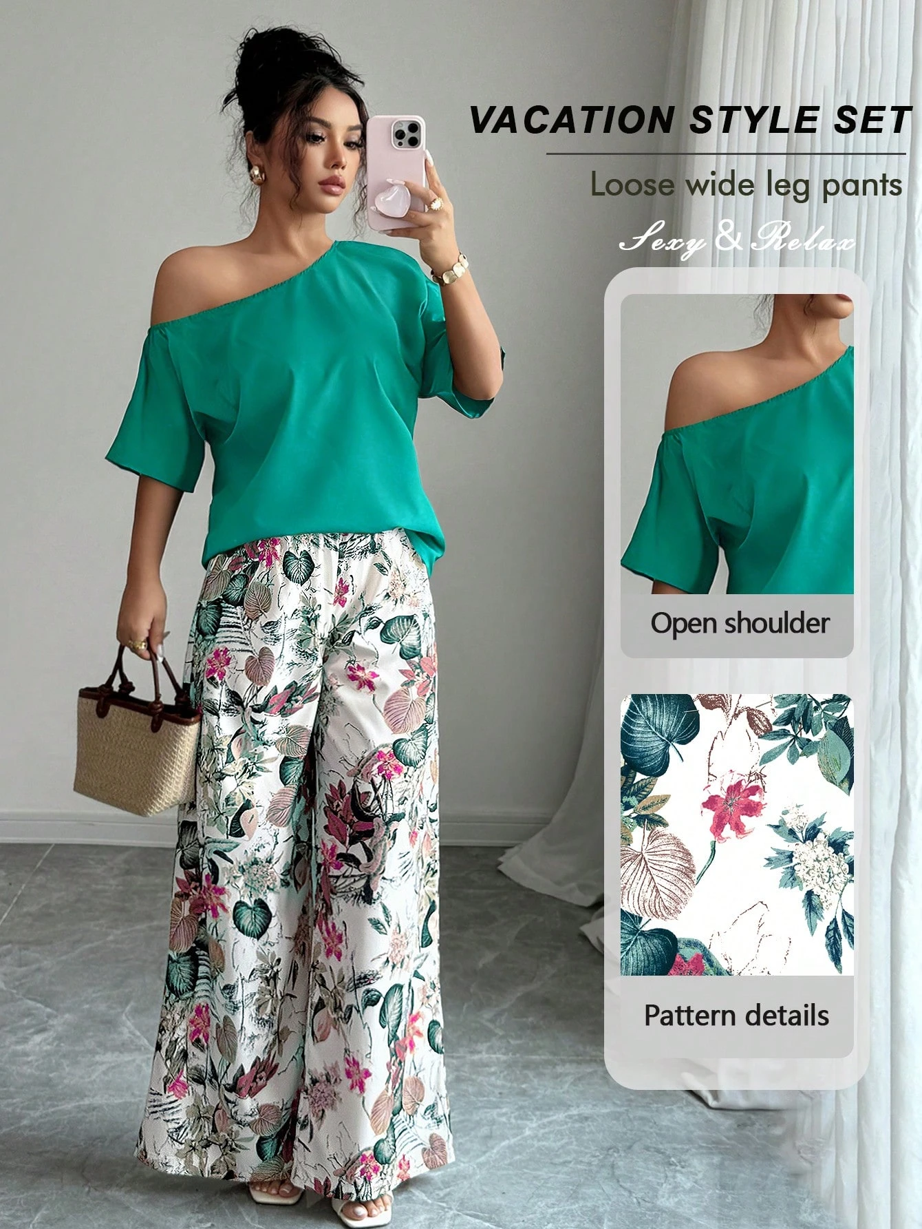Women Summer Casual Solid Color Asymmetrical Shoulder Top And Floral Print Pants Set