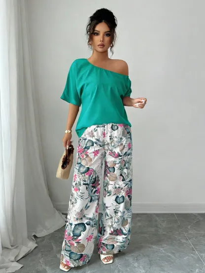 Women Summer Casual Solid Color Asymmetrical Shoulder Top And Floral Print Pants Set