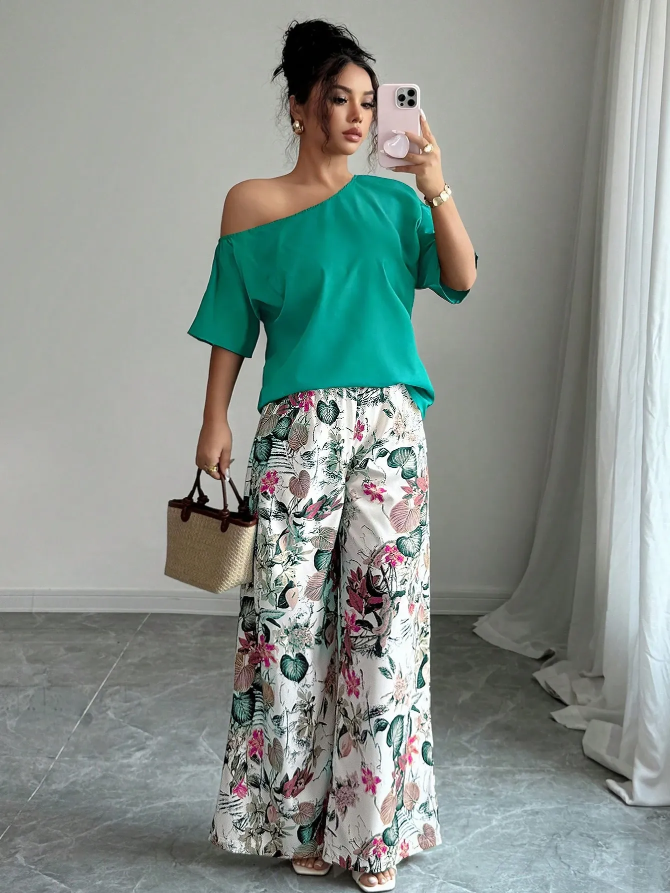 Women Summer Casual Solid Color Asymmetrical Shoulder Top And Floral Print Pants Set