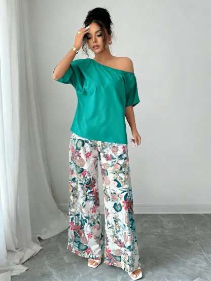 Women Summer Casual Solid Color Asymmetrical Shoulder Top And Floral Print Pants Set
