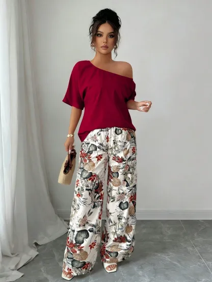 Women Summer Casual Solid Color Asymmetrical Shoulder Top And Floral Print Pants Set