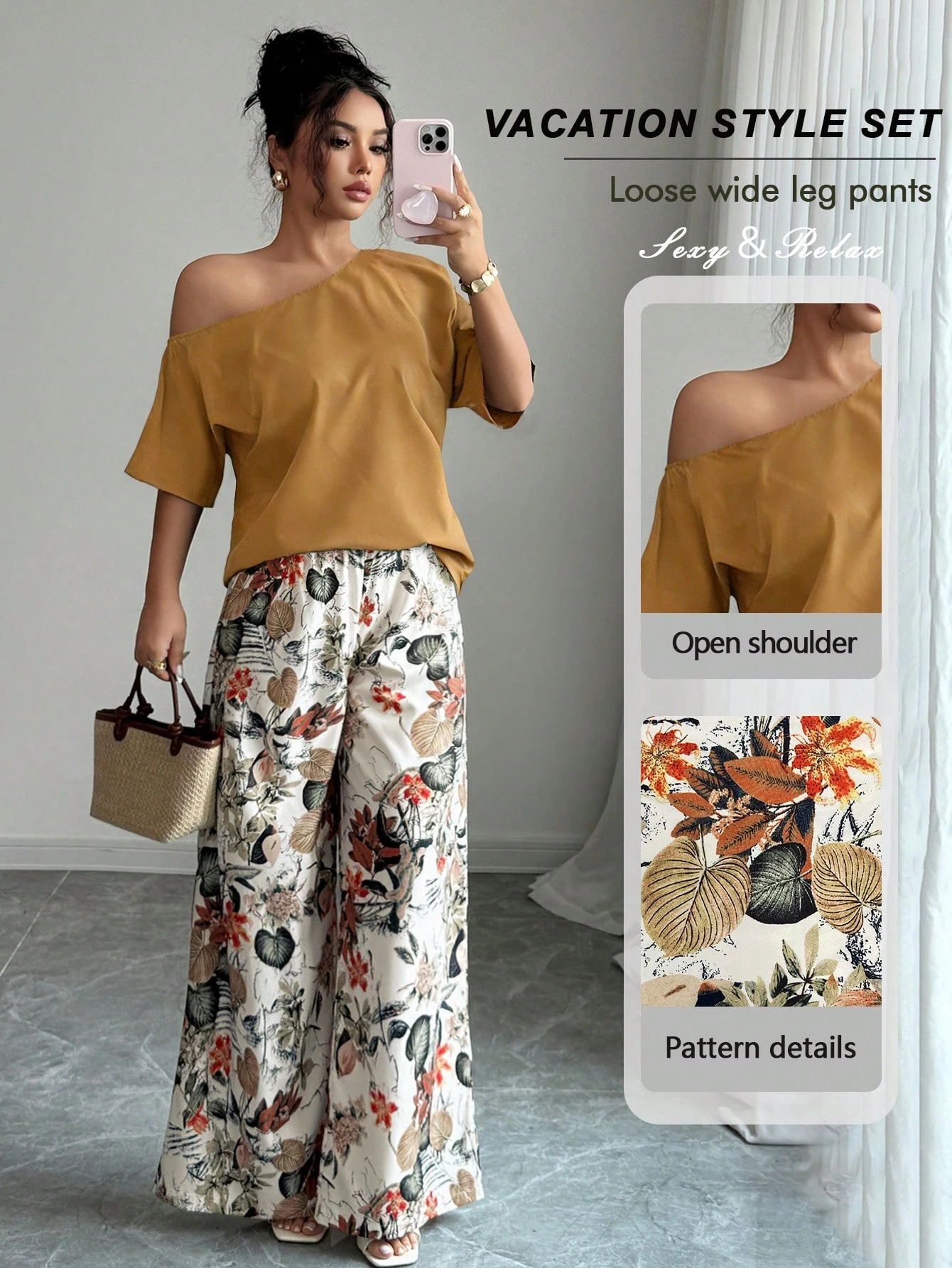 Women Summer Casual Solid Color Asymmetrical Shoulder Top And Floral Print Pants Set