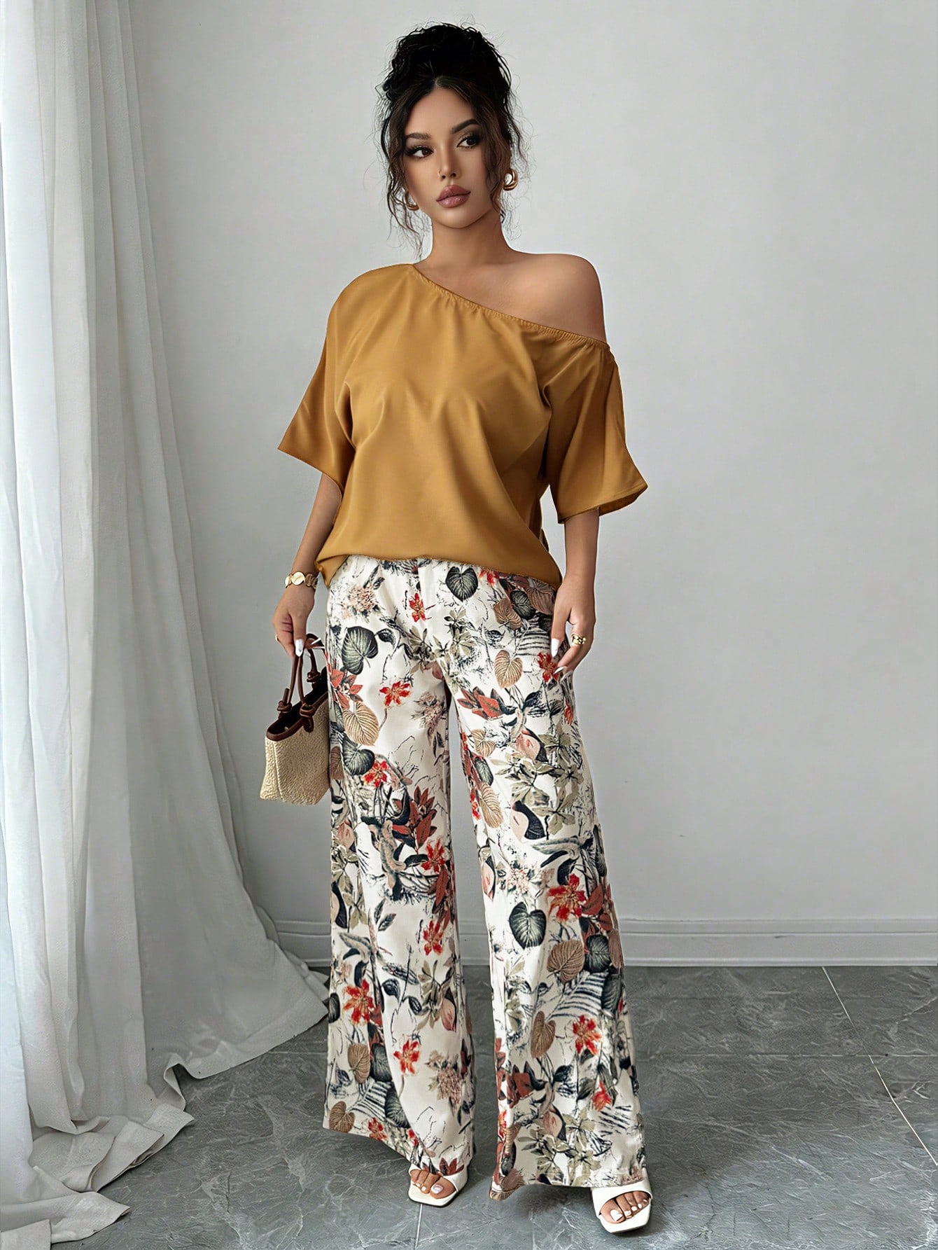 Women Summer Casual Solid Color Asymmetrical Shoulder Top And Floral Print Pants Set