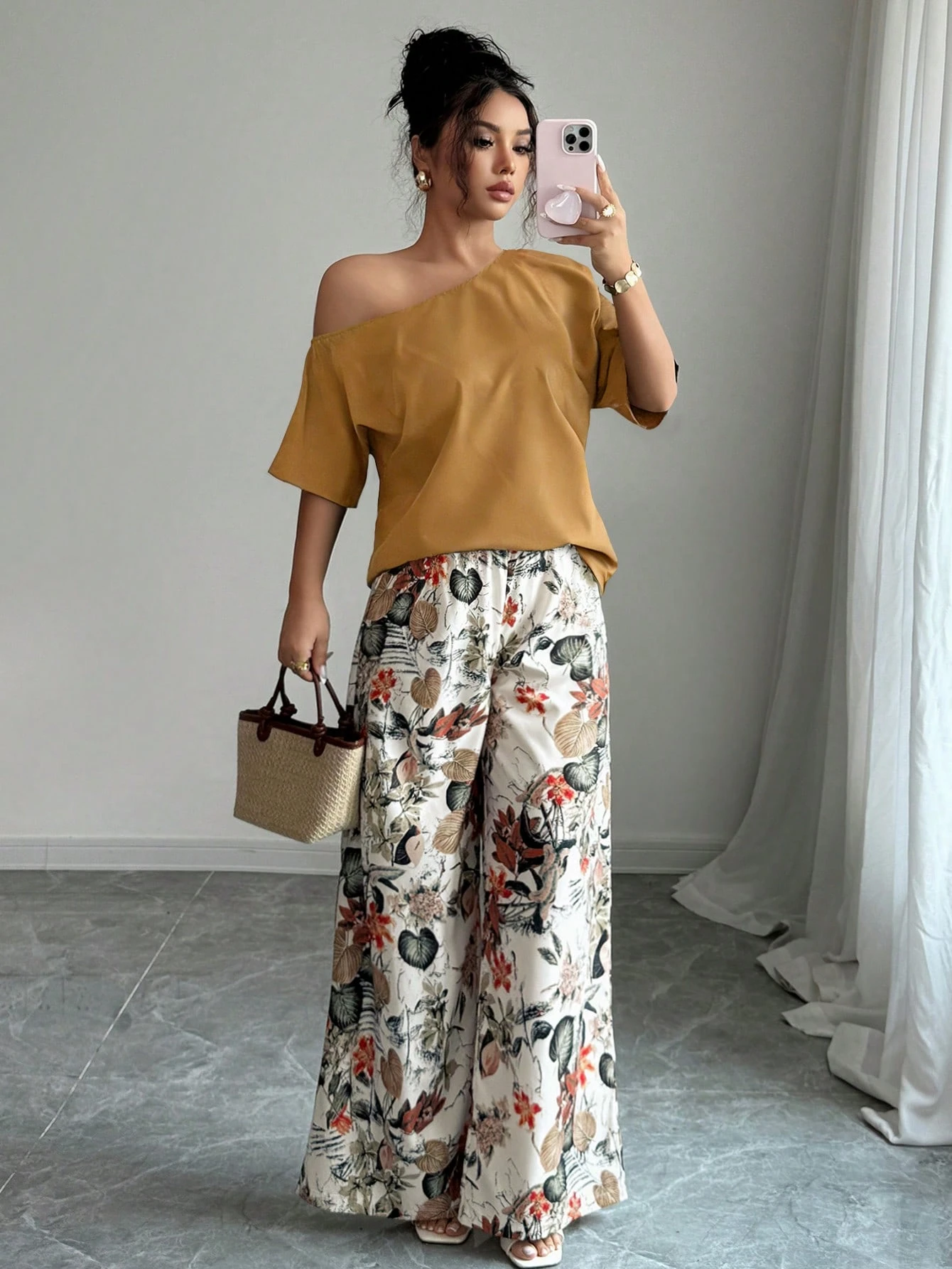Women Summer Casual Solid Color Asymmetrical Shoulder Top And Floral Print Pants Set