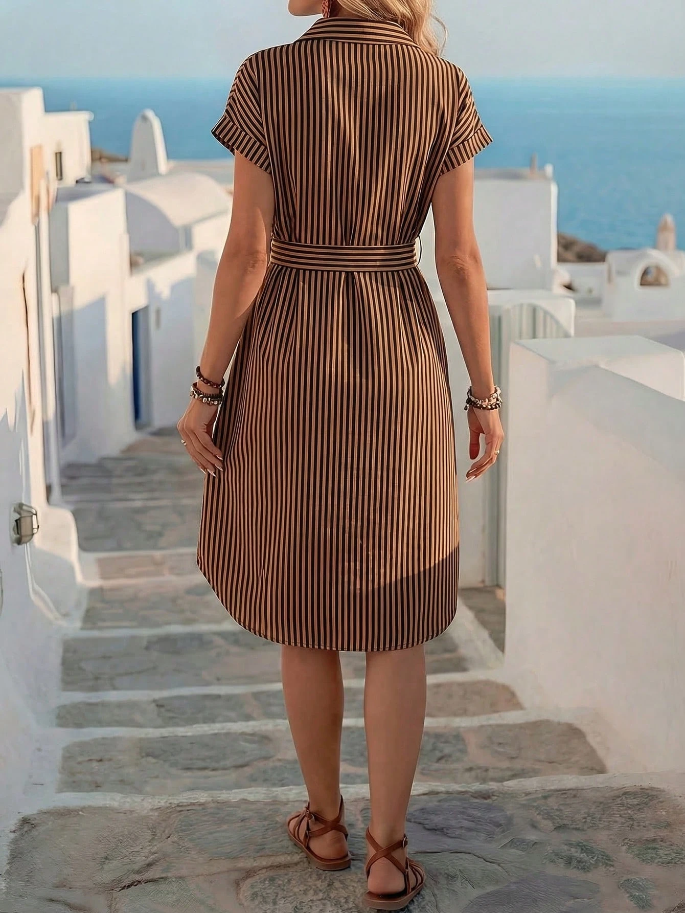 EMERY ROSE Women's Casual Striped Print Button Waist Midi Dress Shirt Women Up Short Sleeve Summer Dress