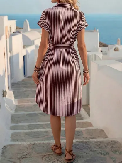 EMERY ROSE Women's Casual Striped Print Button Waist Midi Dress Shirt Women Up Short Sleeve Summer Dress