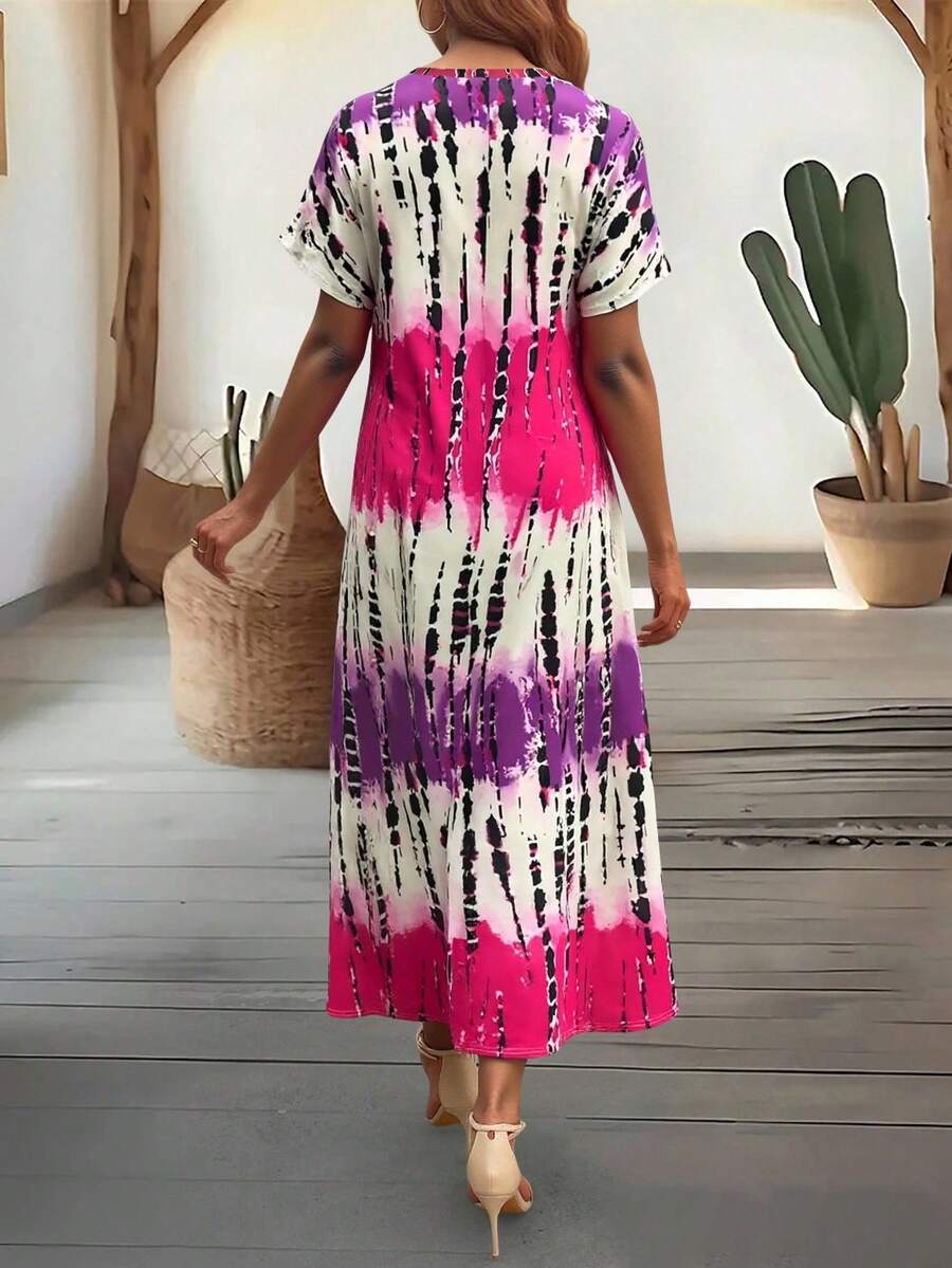 EMERY ROSE Summer New Casual Women's V-Neck Short Sleeve Loose Tie-Dye Print Split Dress