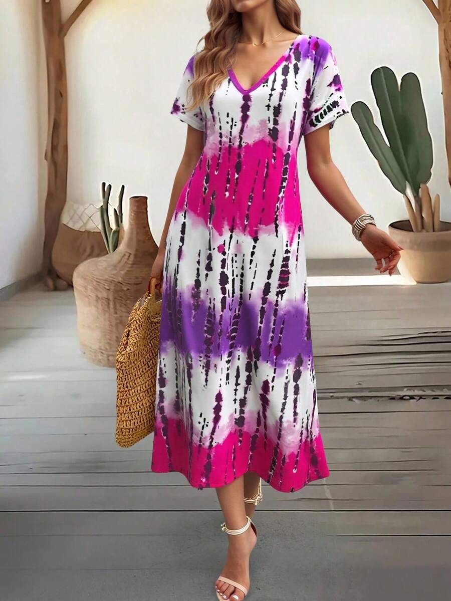EMERY ROSE Summer New Casual Women's V-Neck Short Sleeve Loose Tie-Dye Print Split Dress