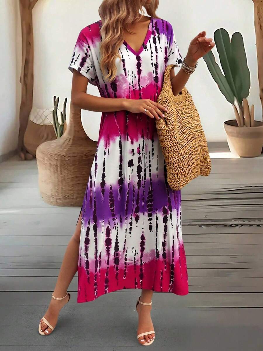 EMERY ROSE Summer New Casual Women's V-Neck Short Sleeve Loose Tie-Dye Print Split Dress
