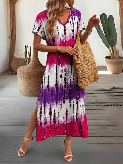 EMERY ROSE Summer New Casual Women's V-Neck Short Sleeve Loose Tie-Dye Print Split Dress
