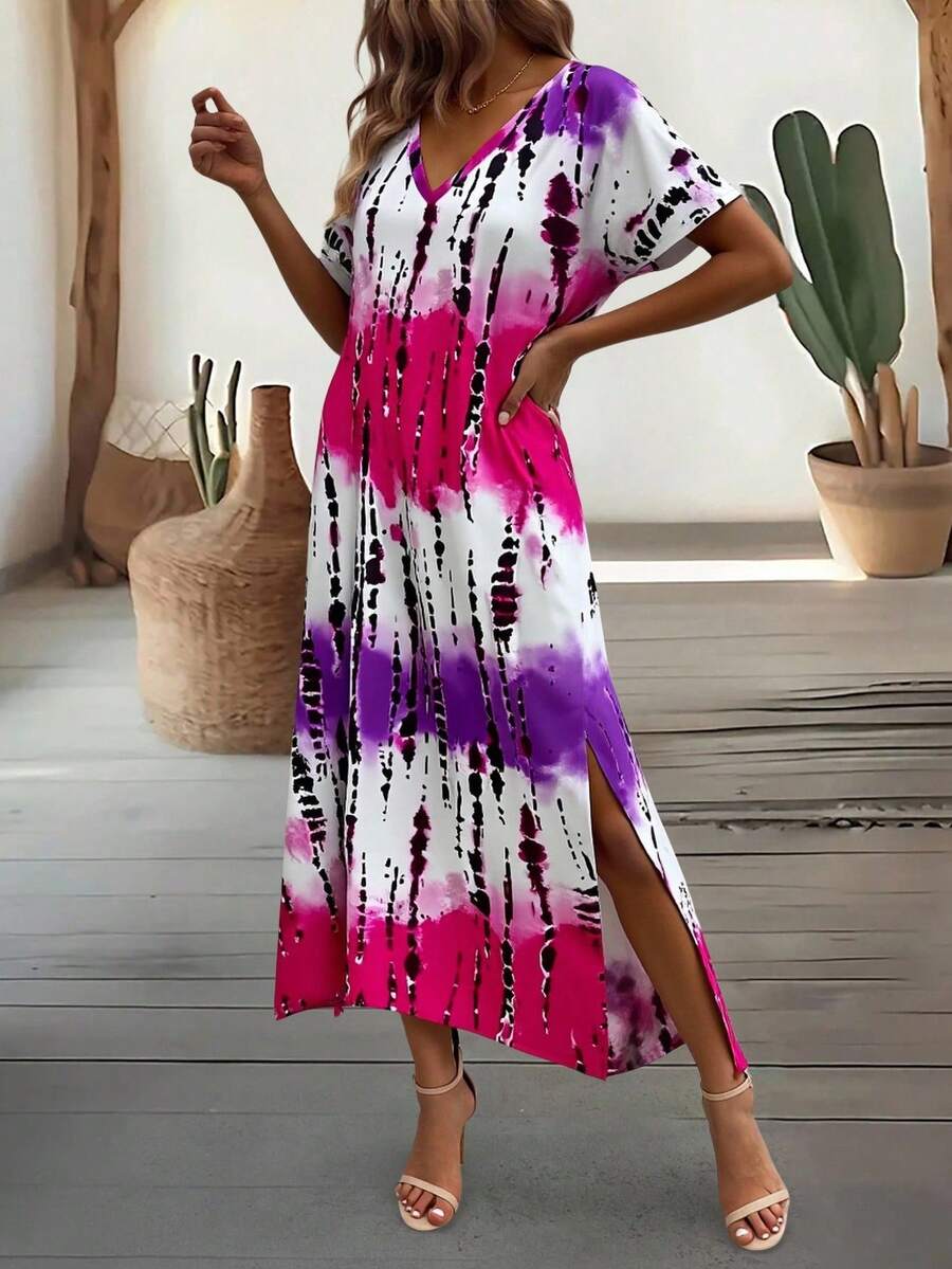 EMERY ROSE Summer New Casual Women's V-Neck Short Sleeve Loose Tie-Dye Print Split Dress