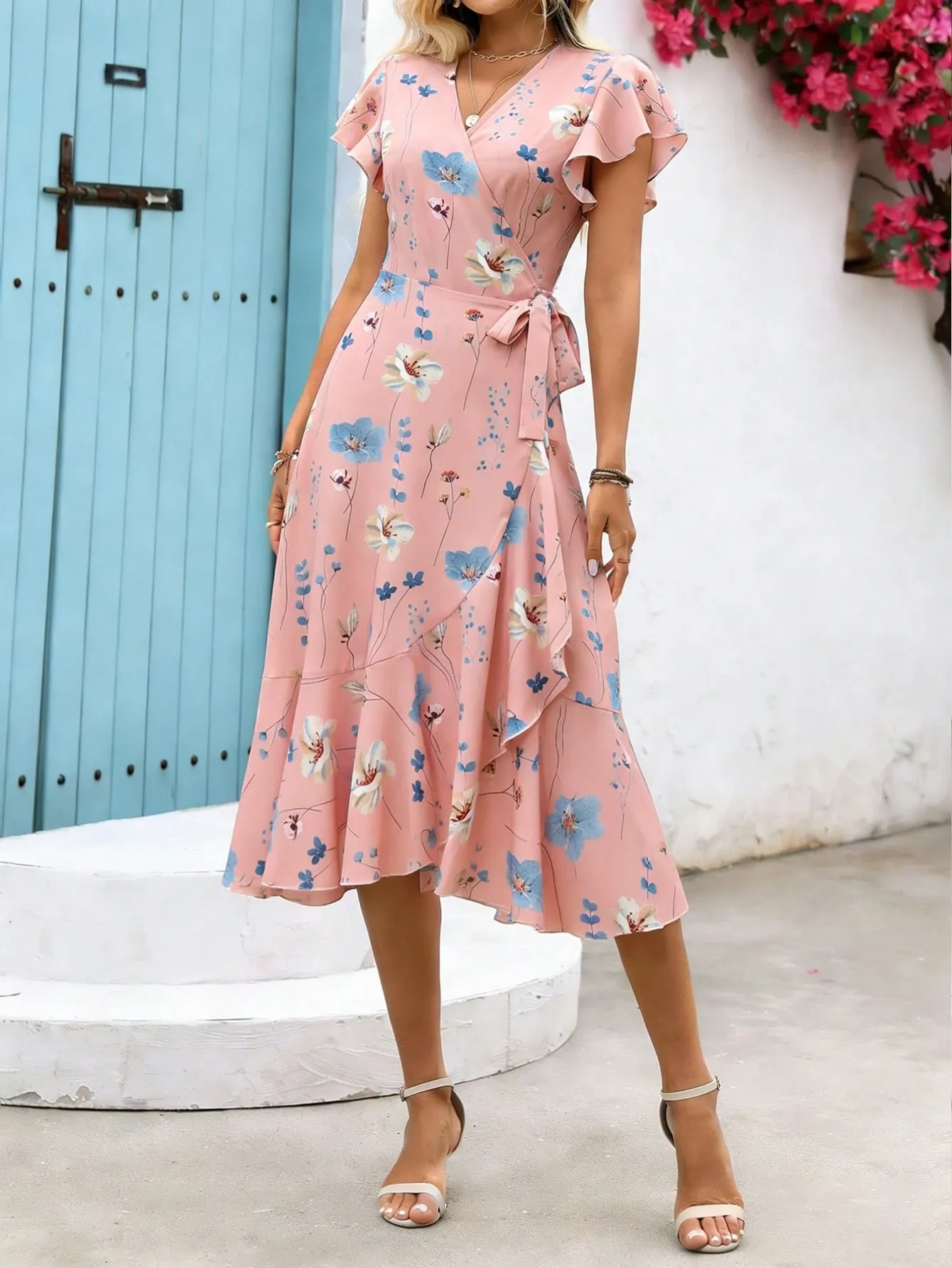 Breezaya Women's Floral Printed Wrap Style Midi Dress Maxi Women Outfit