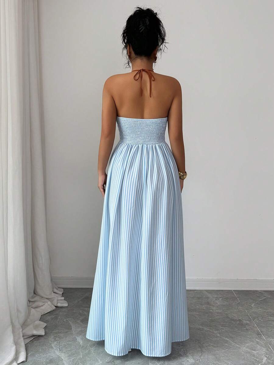 Elenzga Tall Women's Striped Halter Long Cami Dress Sleeveless Blue Flared Hem Beach Style Party Elegant