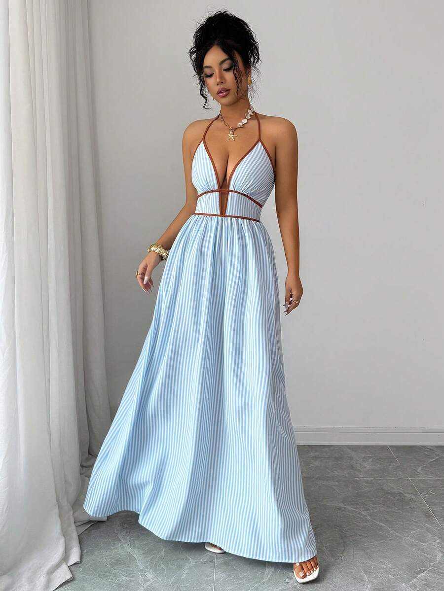 Elenzga Tall Women's Striped Halter Long Cami Dress Sleeveless Blue Flared Hem Beach Style Party Elegant