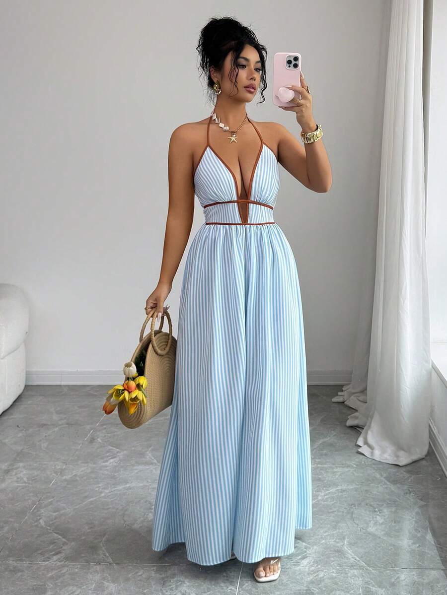 Elenzga Tall Women's Striped Halter Long Cami Dress Sleeveless Blue Flared Hem Beach Style Party Elegant