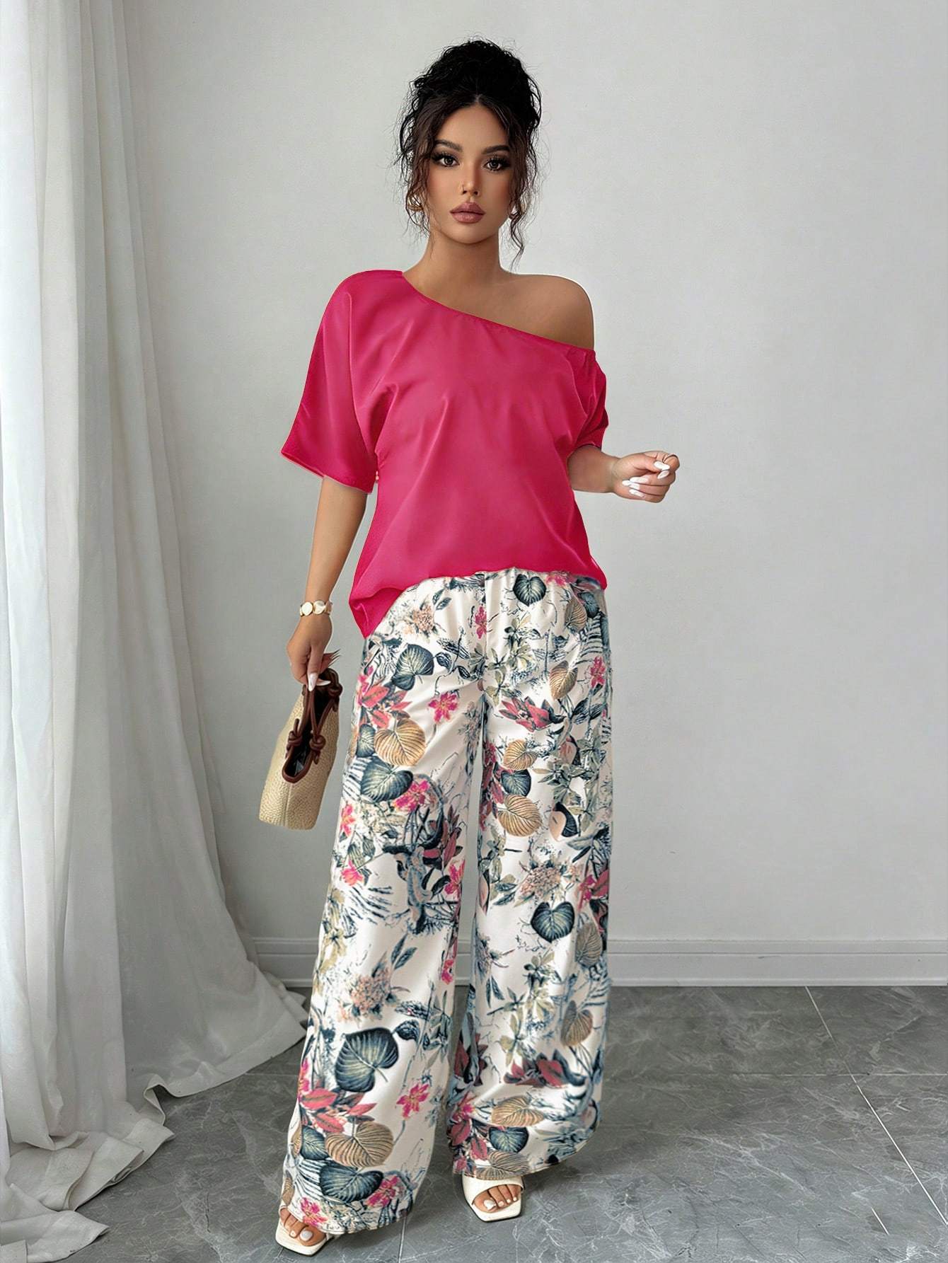 Women Summer Casual Solid Color Asymmetrical Shoulder Top And Floral Print Pants Set