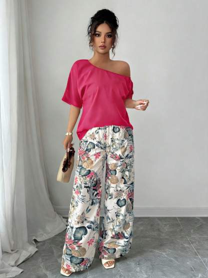 Women Summer Casual Solid Color Asymmetrical Shoulder Top And Floral Print Pants Set