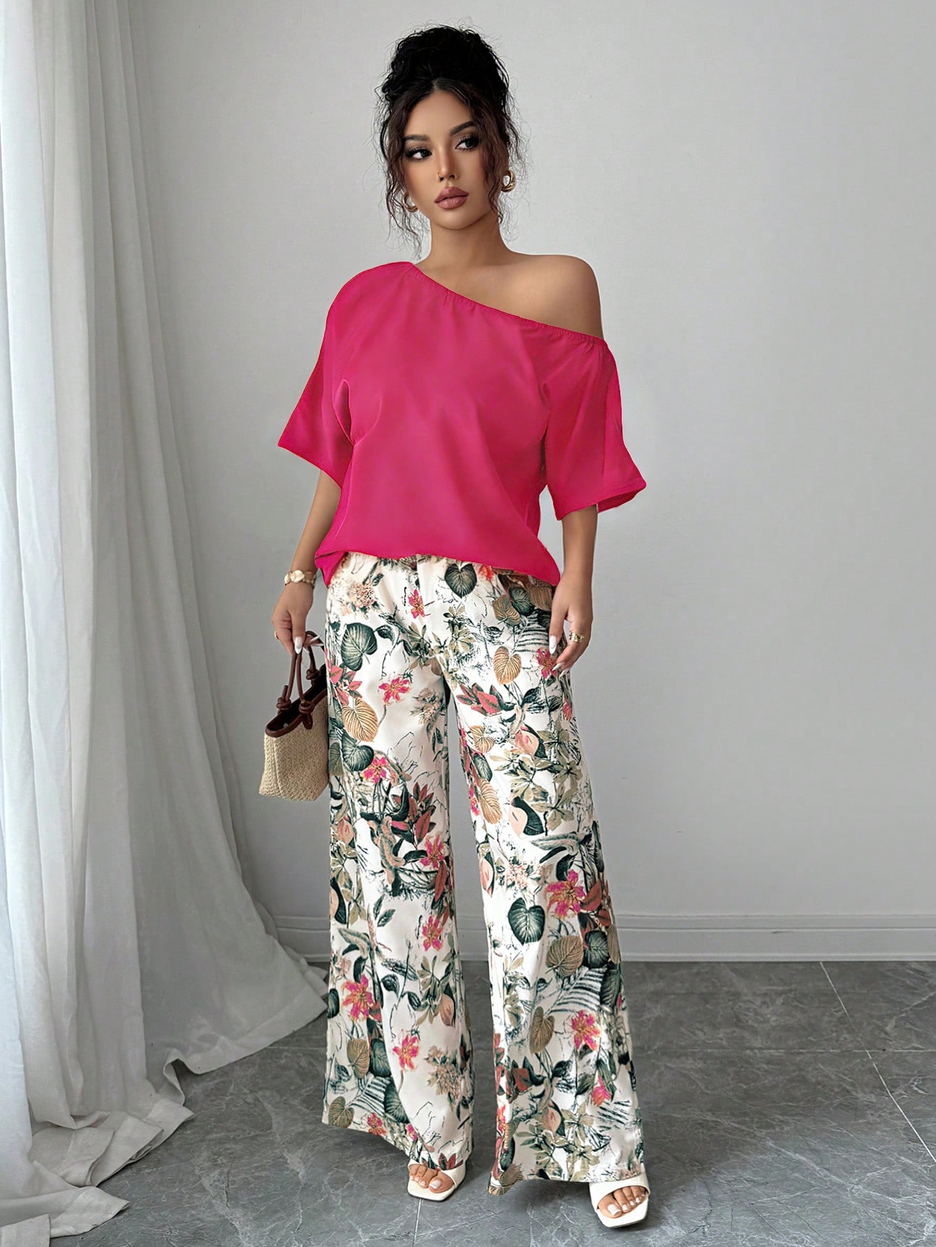 Women Summer Casual Solid Color Asymmetrical Shoulder Top And Floral Print Pants Set