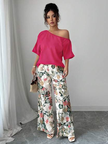 Women Summer Casual Solid Color Asymmetrical Shoulder Top And Floral Print Pants Set