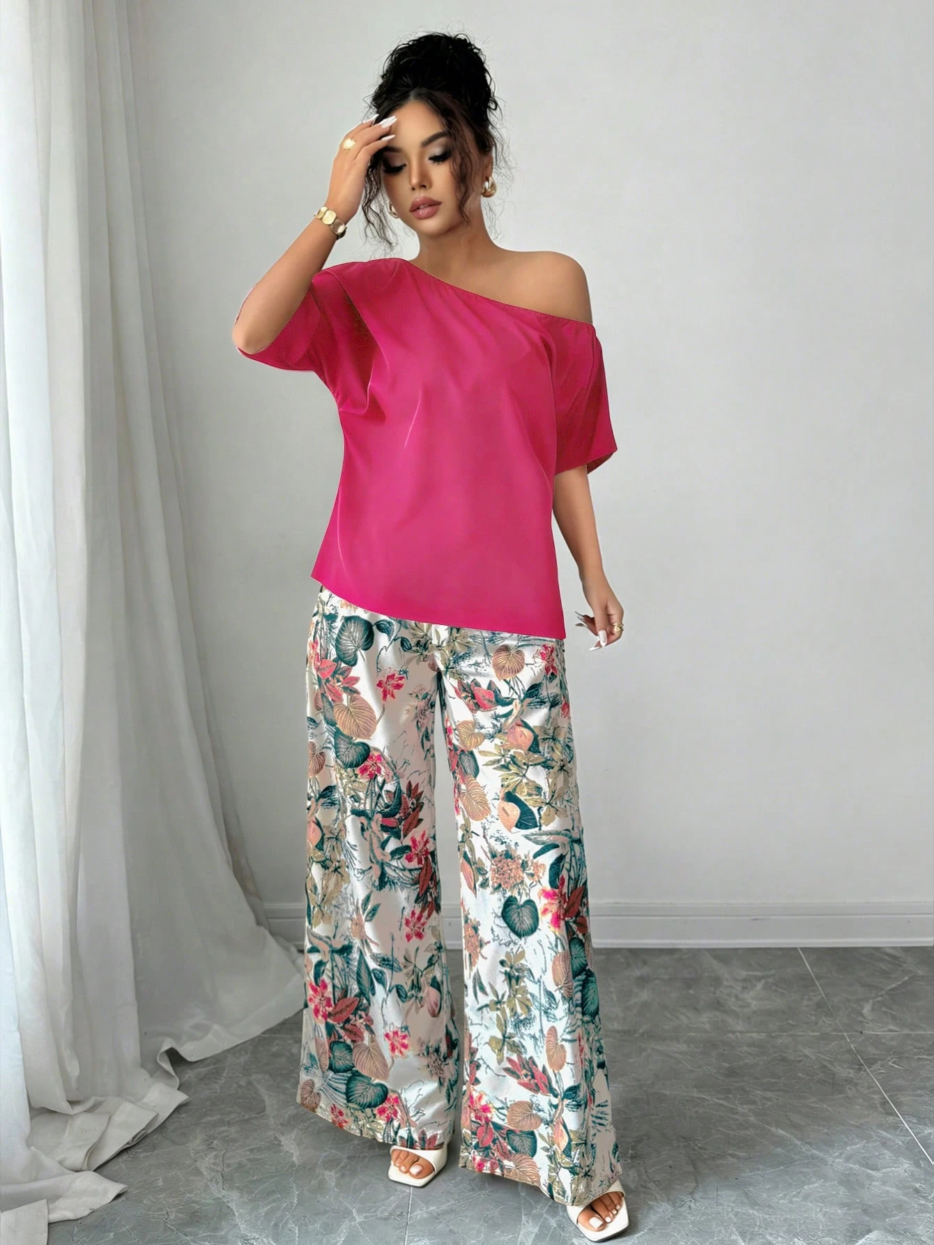 Women Summer Casual Solid Color Asymmetrical Shoulder Top And Floral Print Pants Set