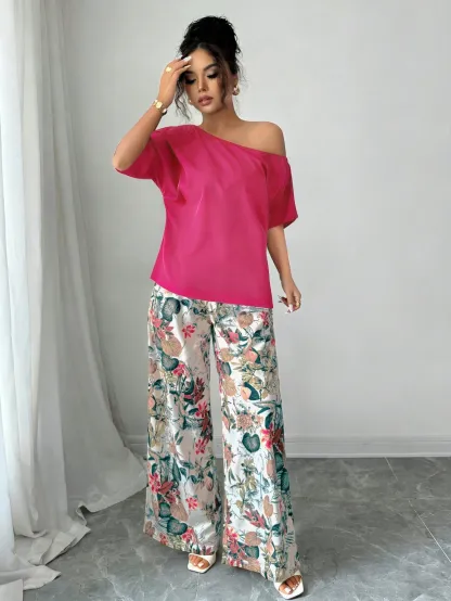 Women Summer Casual Solid Color Asymmetrical Shoulder Top And Floral Print Pants Set
