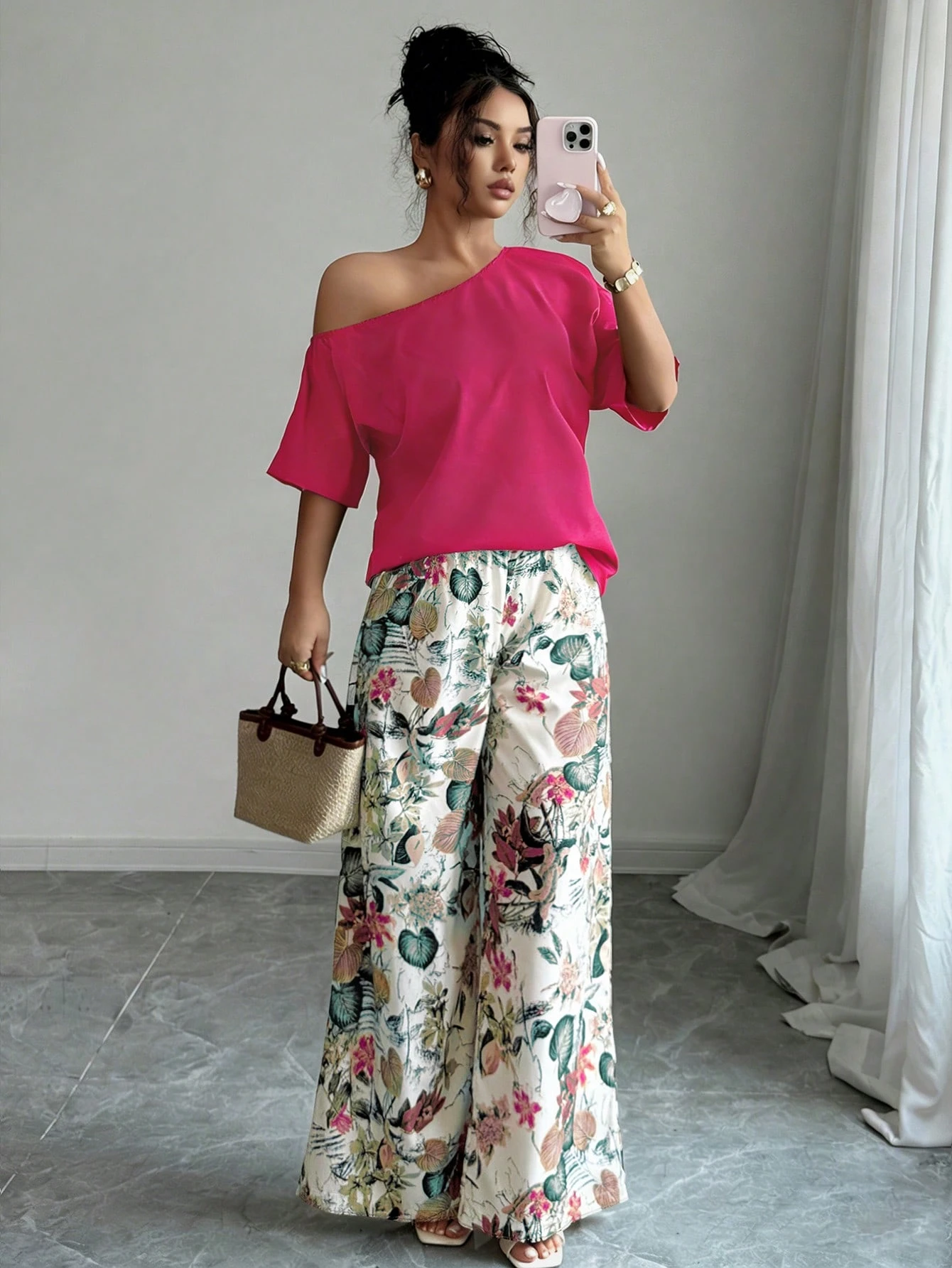 Women Summer Casual Solid Color Asymmetrical Shoulder Top And Floral Print Pants Set