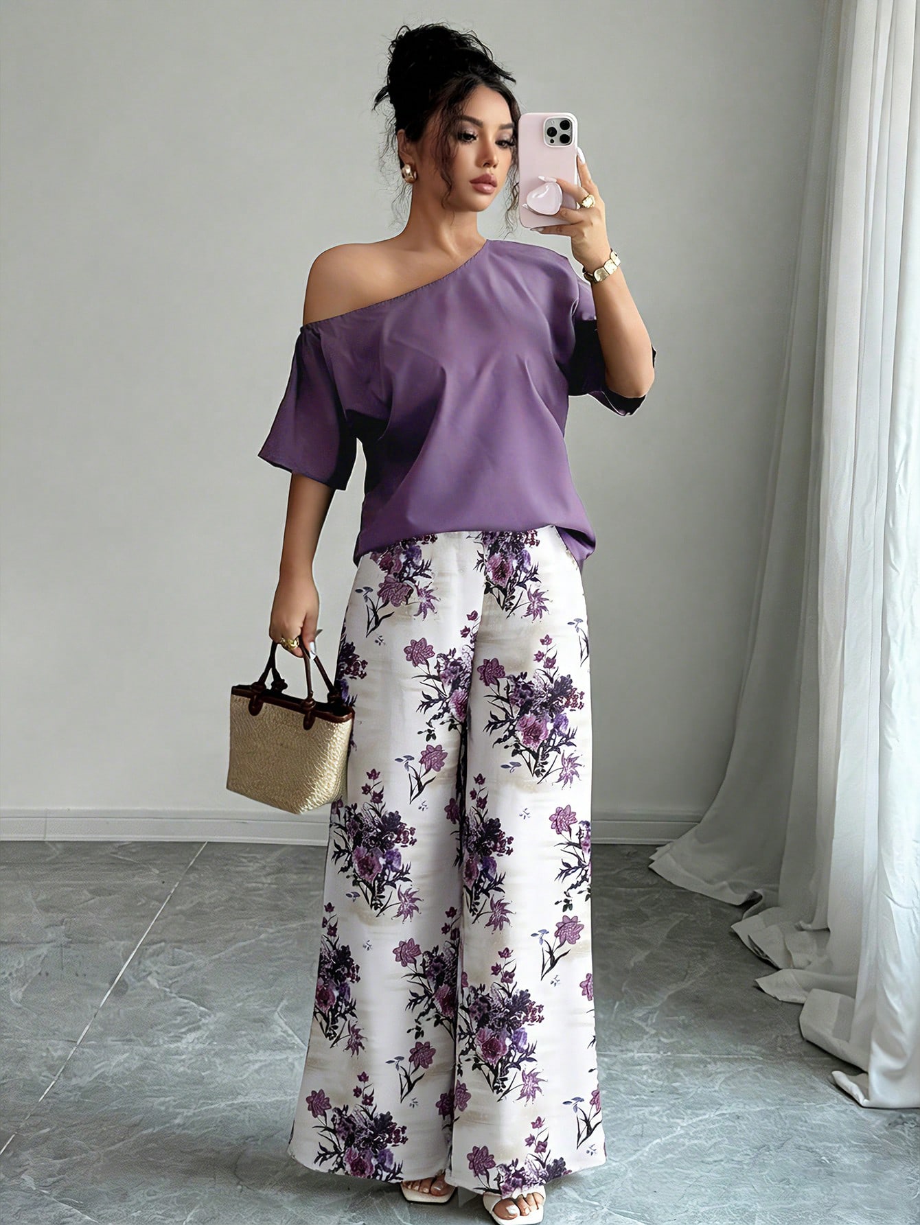 Women Summer Casual Solid Color Asymmetrical Shoulder Top And Floral Print Pants Set