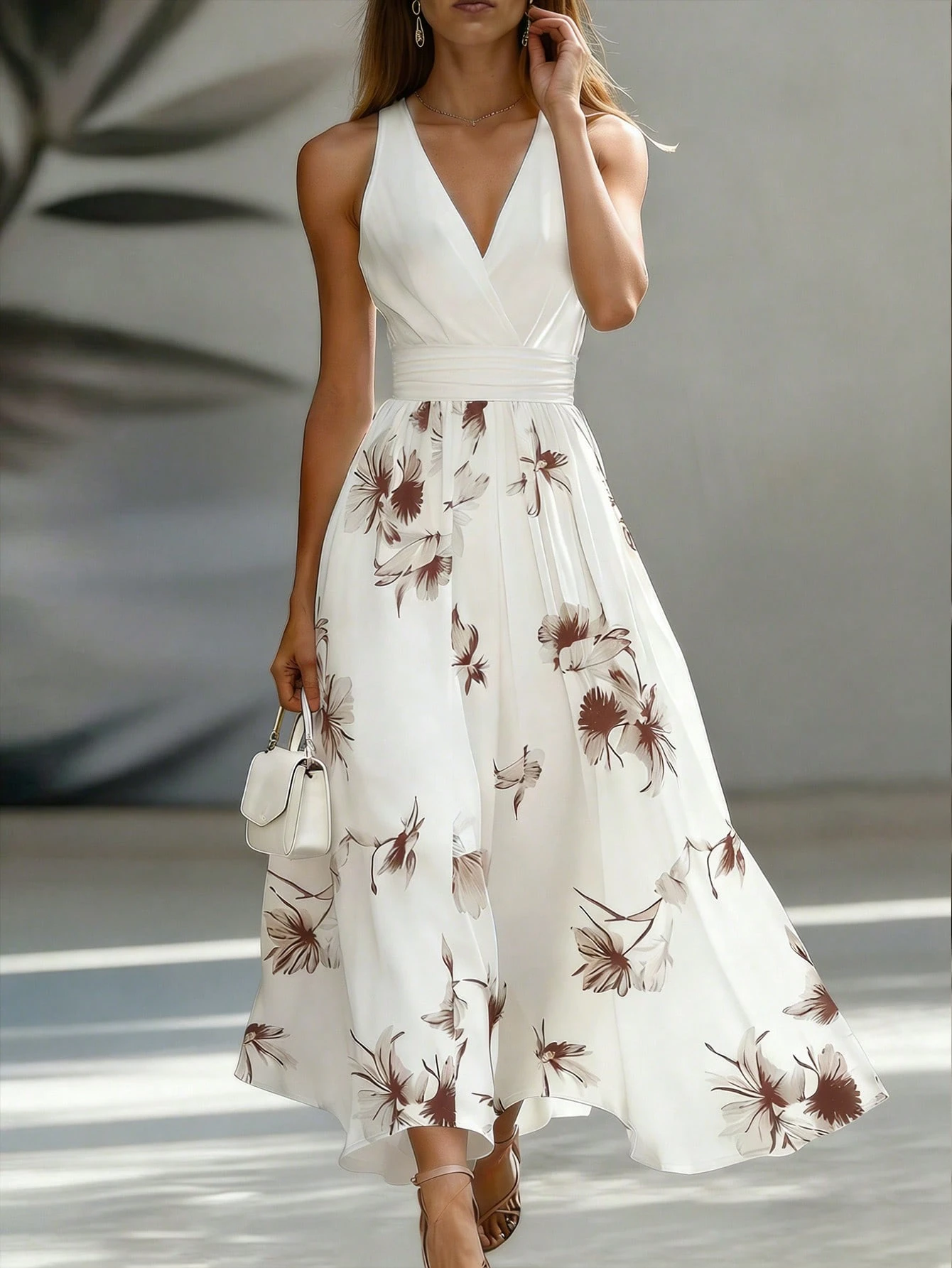 EMERY ROSE AB Patchwork V-Neck Sleeveless Waist Cinched Elegant Midi Dress, Suitable For Work & Vacation