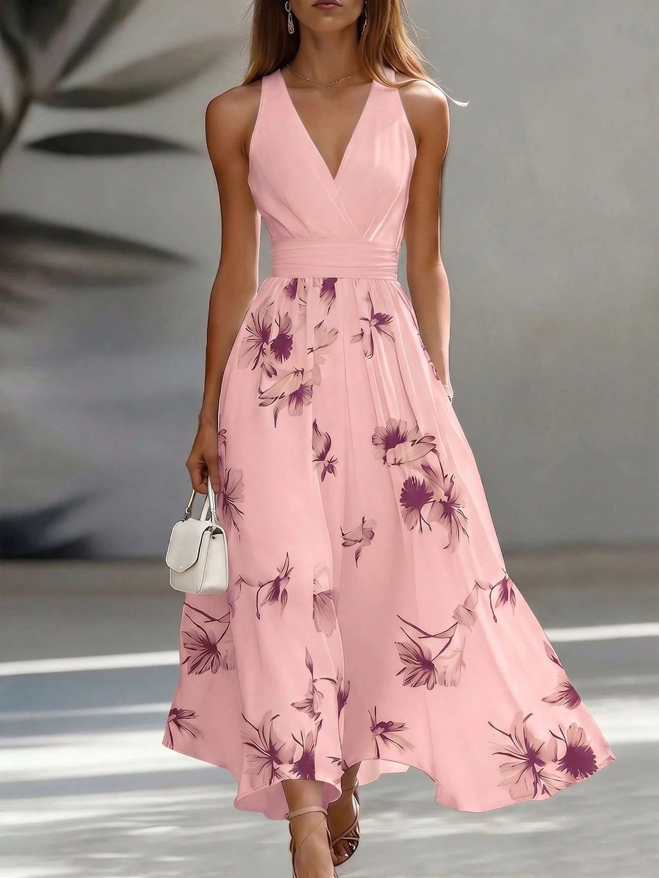 EMERY ROSE AB Patchwork V-Neck Sleeveless Waist Cinched Elegant Midi Dress, Suitable For Work & Vacation