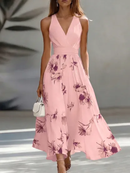EMERY ROSE AB Patchwork V-Neck Sleeveless Waist Cinched Elegant Midi Dress, Suitable For Work & Vacation