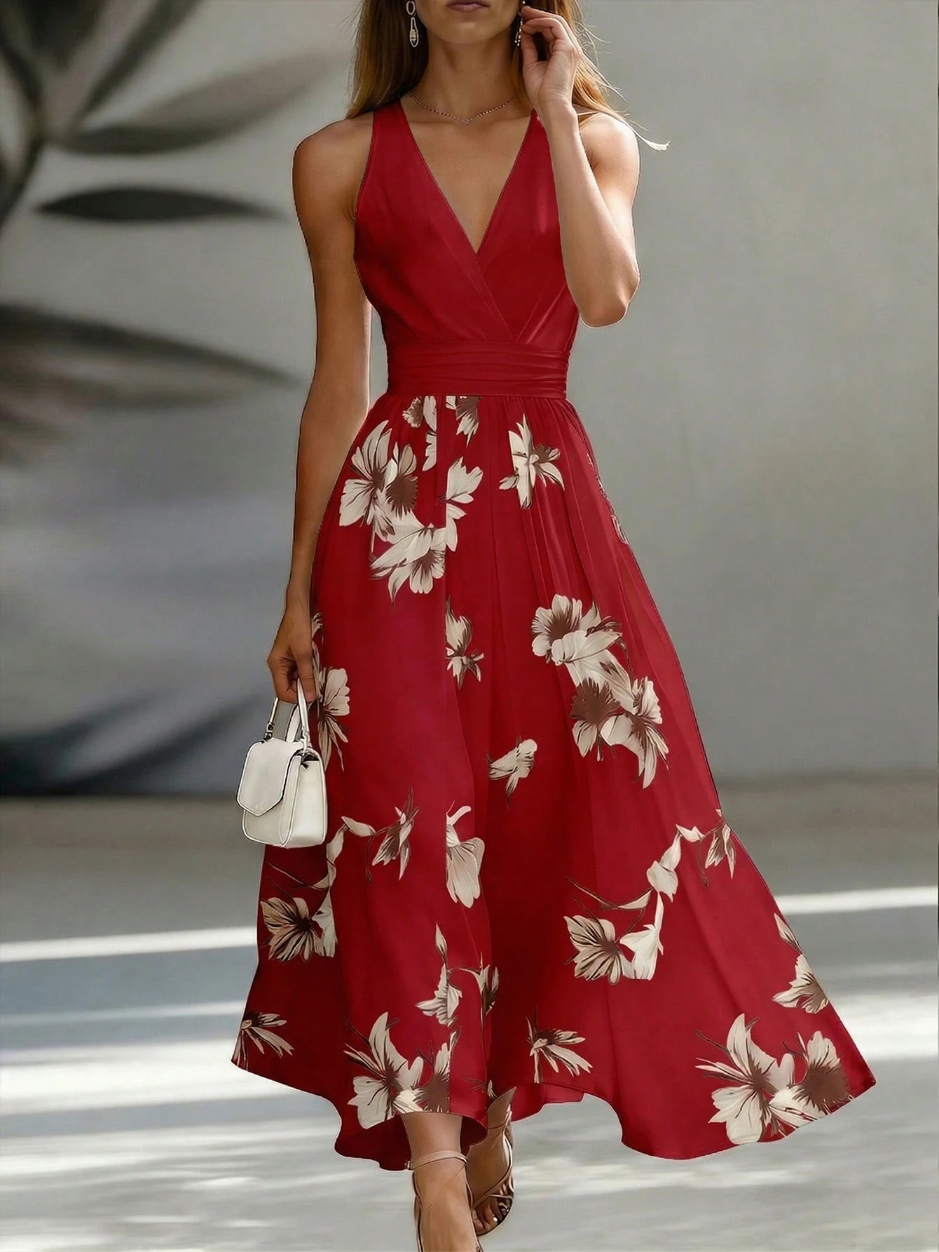 EMERY ROSE AB Patchwork V-Neck Sleeveless Waist Cinched Elegant Midi Dress, Suitable For Work & Vacation