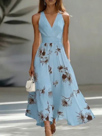 EMERY ROSE AB Patchwork V-Neck Sleeveless Waist Cinched Elegant Midi Dress, Suitable For Work & Vacation