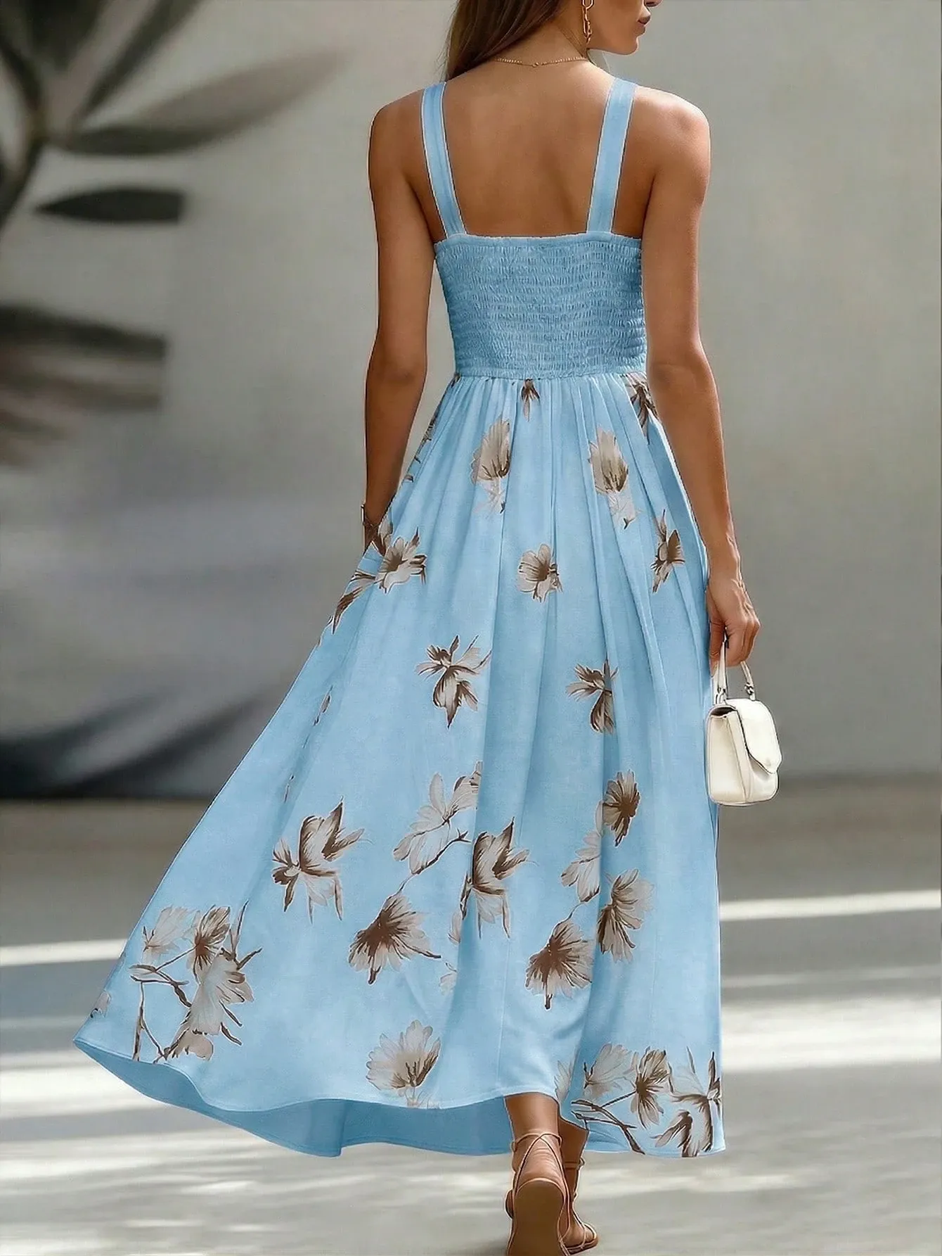 EMERY ROSE AB Patchwork V-Neck Sleeveless Waist Cinched Elegant Midi Dress, Suitable For Work & Vacation