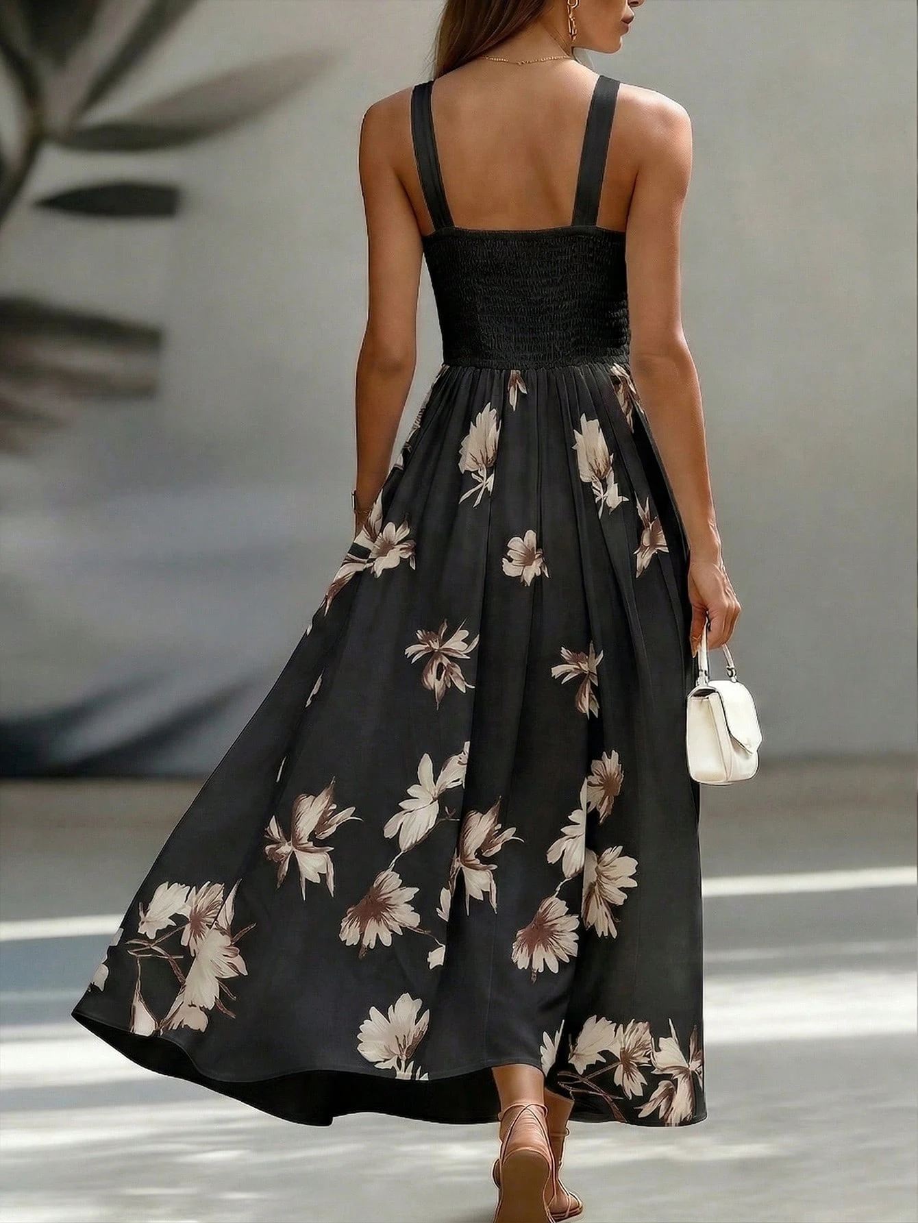 EMERY ROSE AB Patchwork V-Neck Sleeveless Waist Cinched Elegant Midi Dress, Suitable For Work & Vacation
