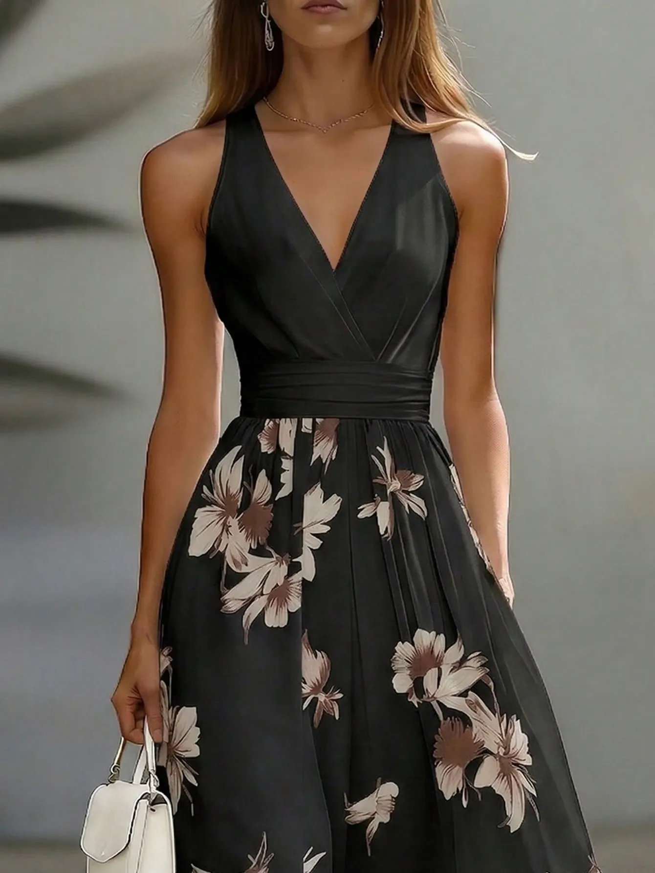 EMERY ROSE AB Patchwork V-Neck Sleeveless Waist Cinched Elegant Midi Dress, Suitable For Work & Vacation